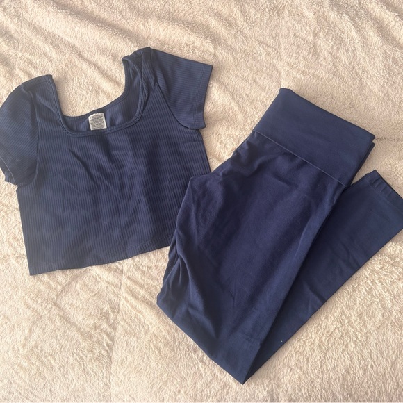 PINK Victoria's Secret Pants - PINK Victoria’s Secret Navy Blue Ribbed Crop Top & Foldover Cotton Leggings Set